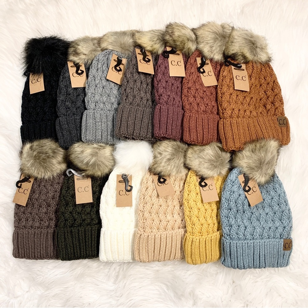 C.C Beanies Lattice Lined Pom Beanie for Adults, Winter Hats, Premium Hats
